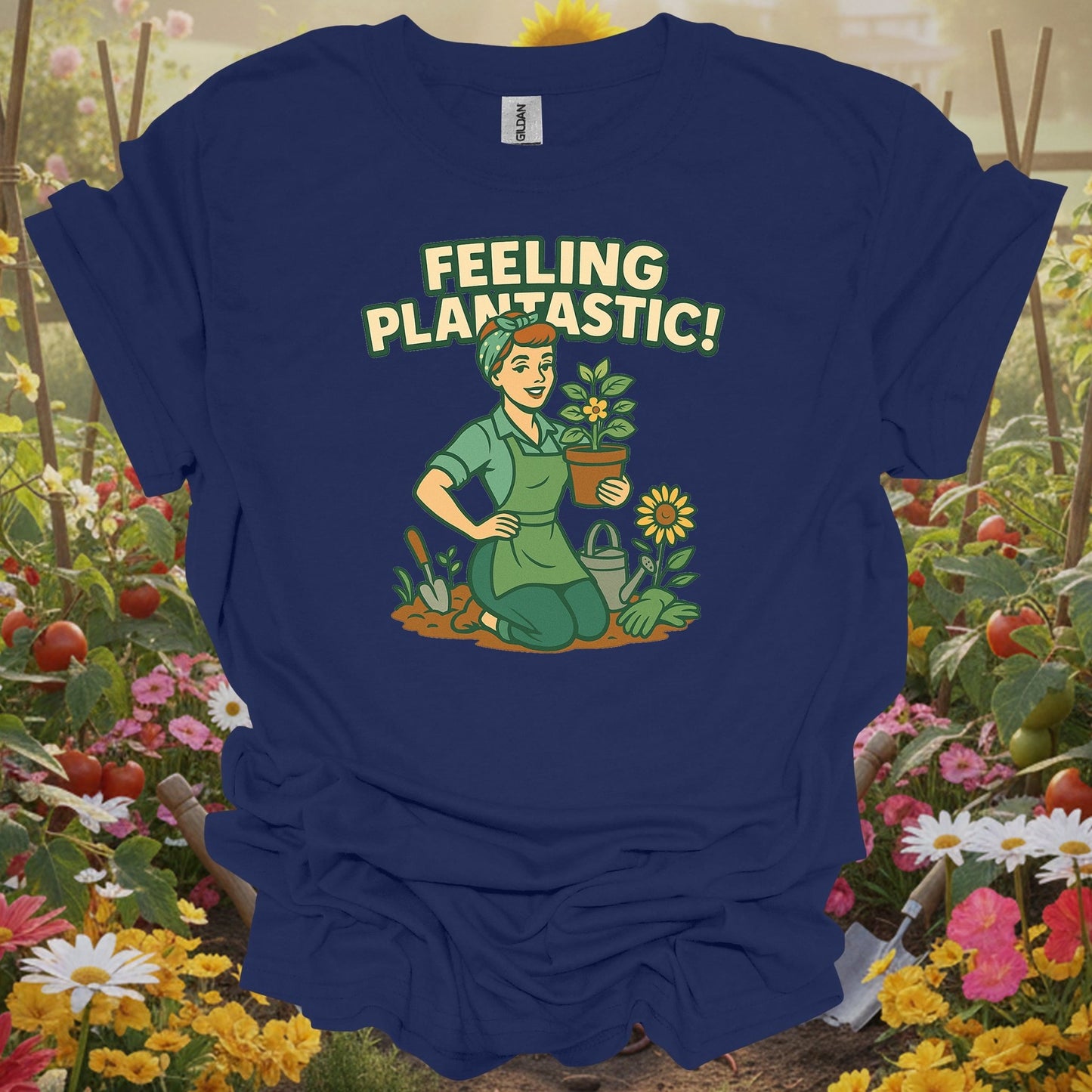 Navy shirt showing feeling plantastic retro pin up gardener for home gardeners