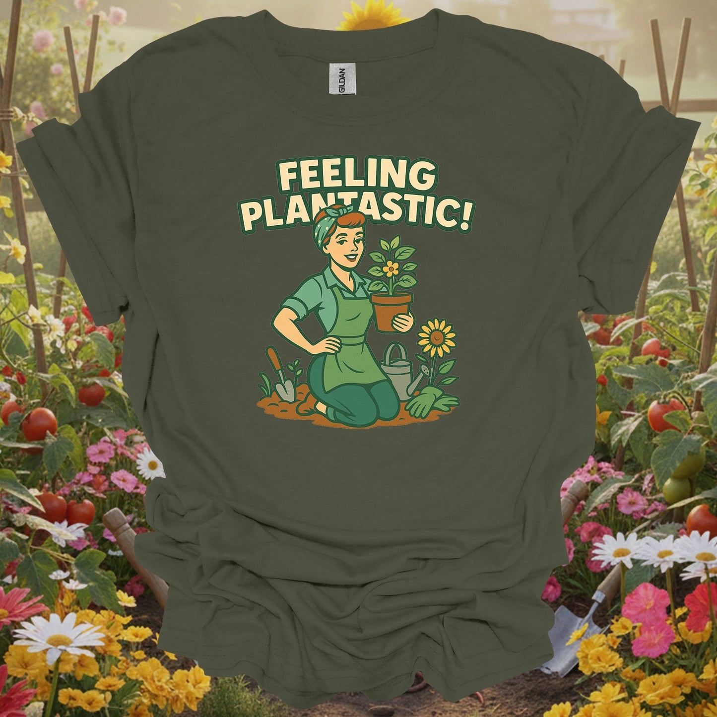 Military Green top showing feeling plantastic retro pin up gardener for nature lovers