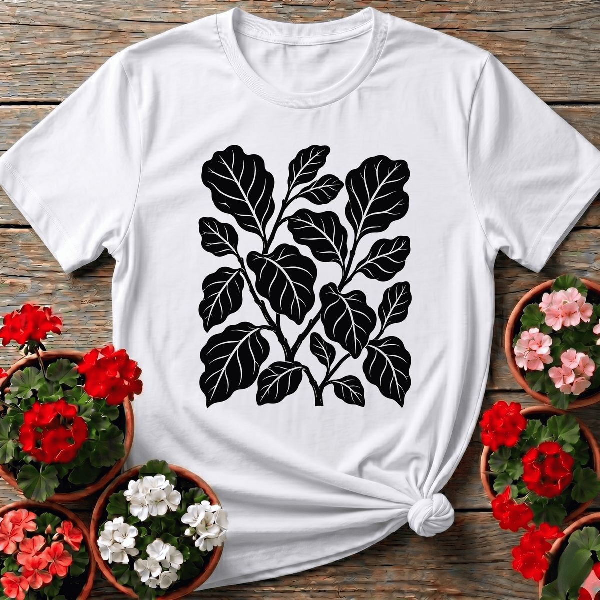 White minimalist botanical leaf print t-shirt for cottagecore plant collectors