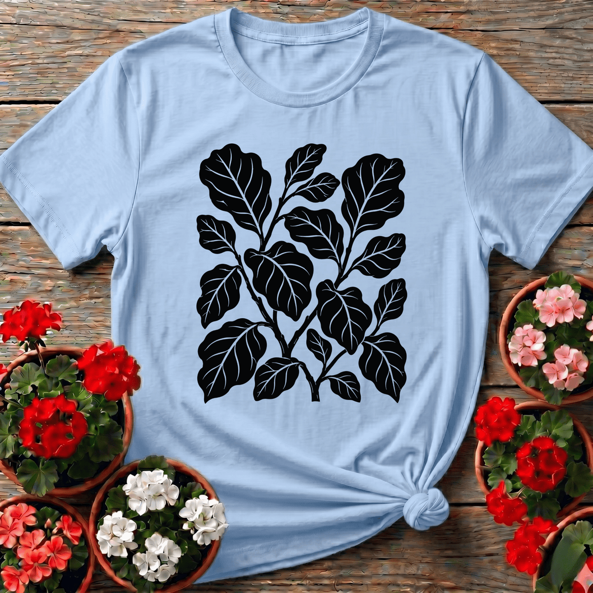 Light Blue cottagecore botanical leaf print gardening shirt for plant ladies