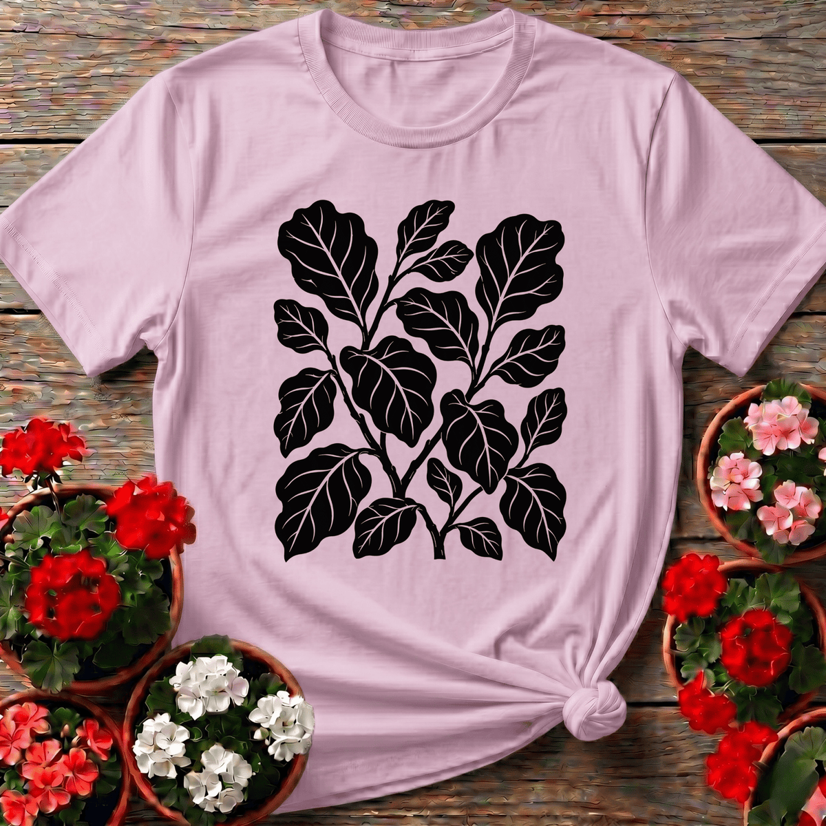 Light Pink soft botanical fiddle leaf fig gardening tee for plant enthusiasts