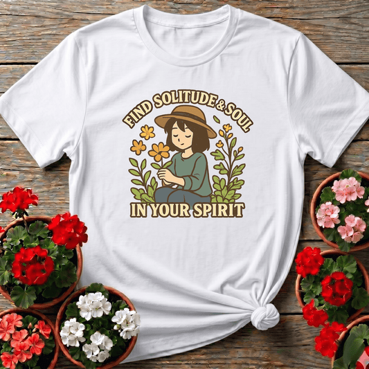 White soft botanical illustration gardening shirt with straw hat garden girl for mindful outdoor dwellers
