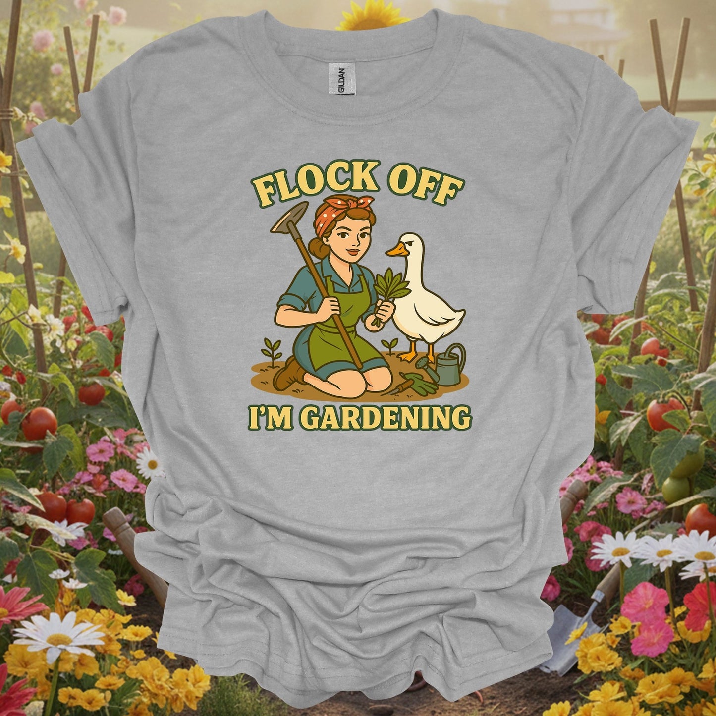 Sport Grey tee showing flock off i'm gardening funny goose for garden hobbyists