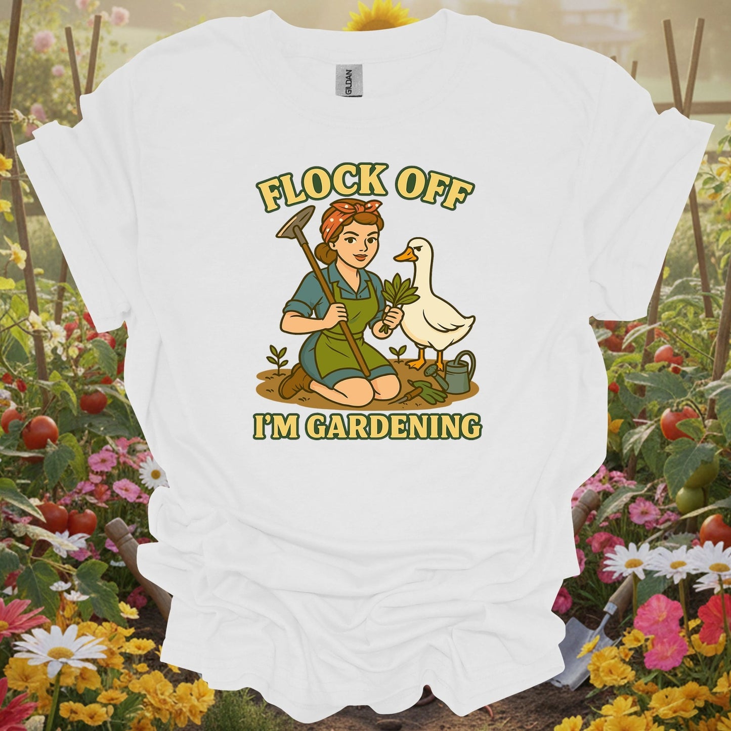 White shirt showing flock off i'm gardening funny goose for outdoor enthusiasts