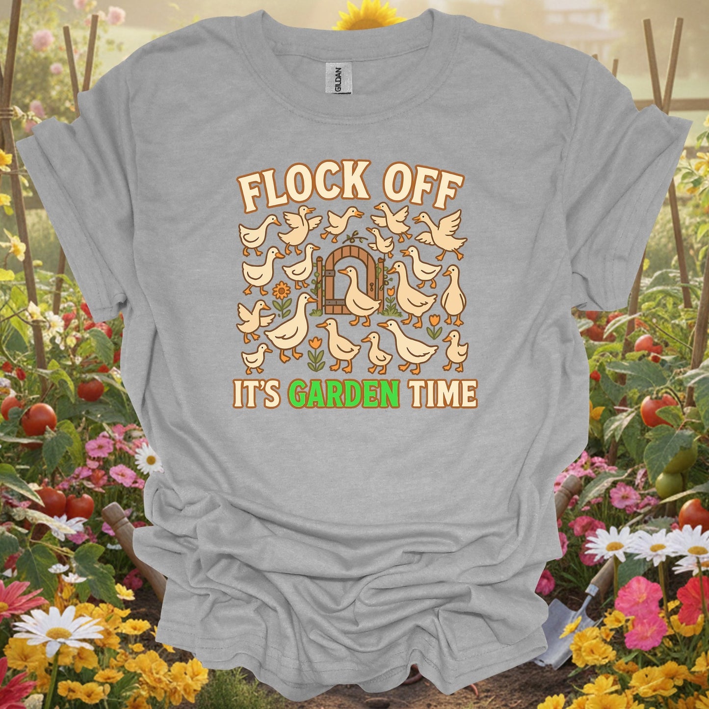 Sport Grey tshirt showing flock off its garden time funny duck for backyard growers
