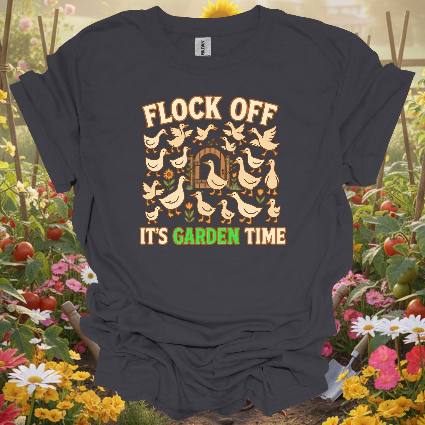 Charcoal shirt showing flock off its garden time funny duck for home gardeners