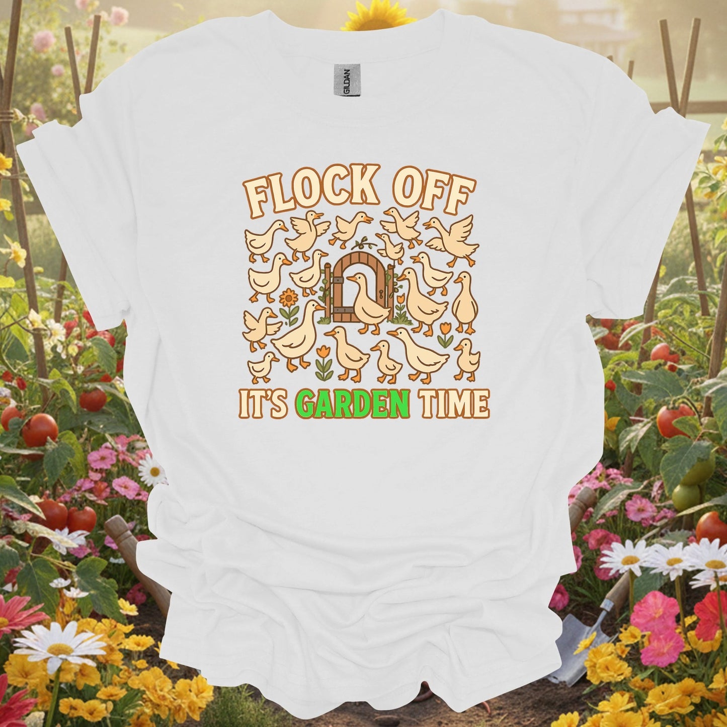White tee showing flock off its garden time funny duck for garden hobbyists