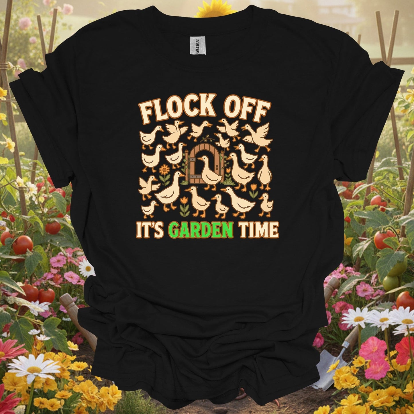 Black shirt showing flock off its garden time funny duck for outdoor enthusiasts