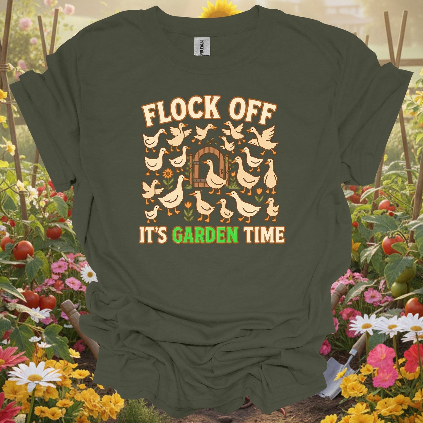 Military Green top showing flock off its garden time funny duck for nature lovers