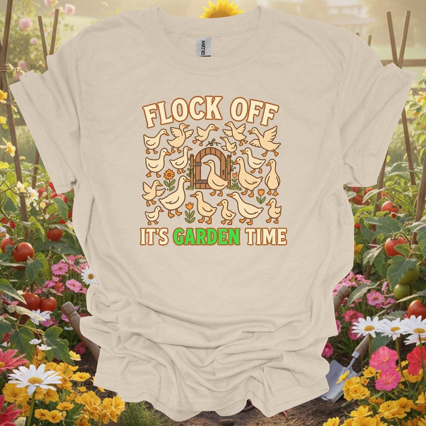 Natural tshirt showing flock off its garden time funny duck for people who love plants