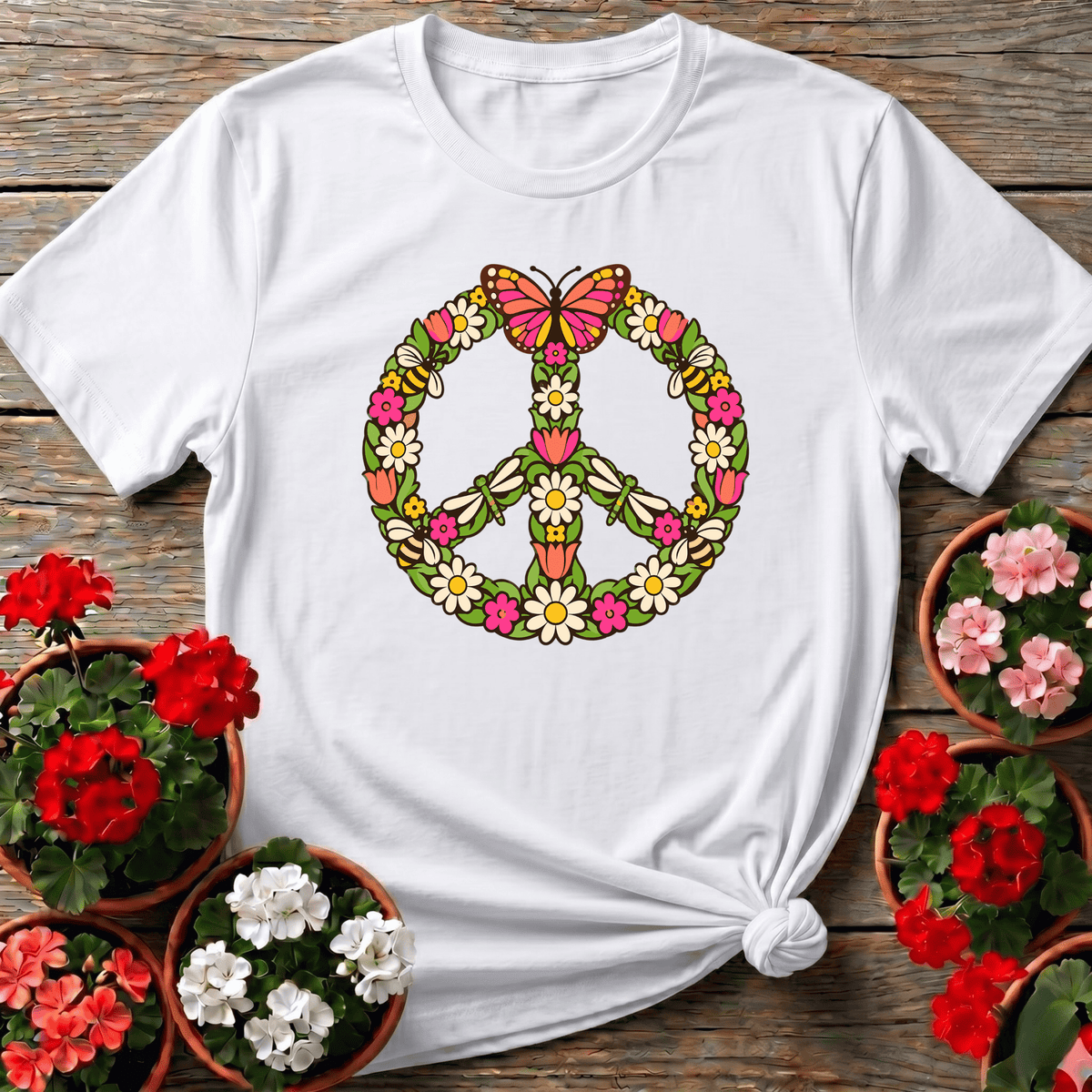 Floral Peace Sign Butterfly Bee Dragonfly Gardening Tee - GardeningTshirts
