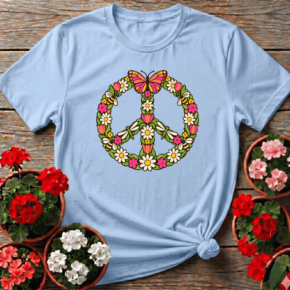 Floral Peace Sign Butterfly Bee Dragonfly Gardening Tee - GardeningTshirts