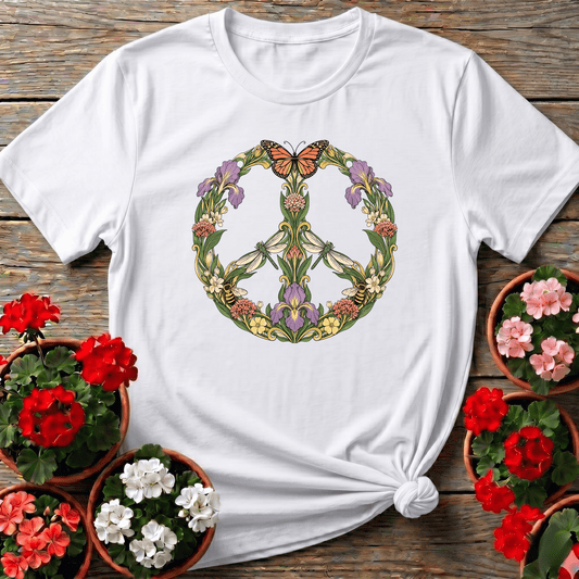 White cottagecore floral peace sign t-shirt with monarch butterfly and iris design for native plant gardeners