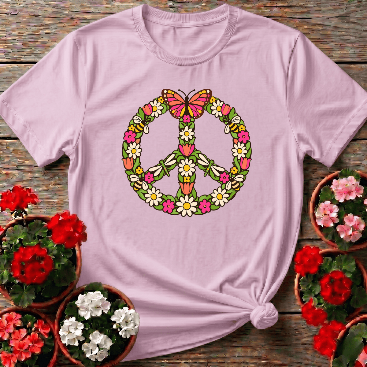 Floral Peace Sign Butterfly Bee Dragonfly Gardening Tee - GardeningTshirts