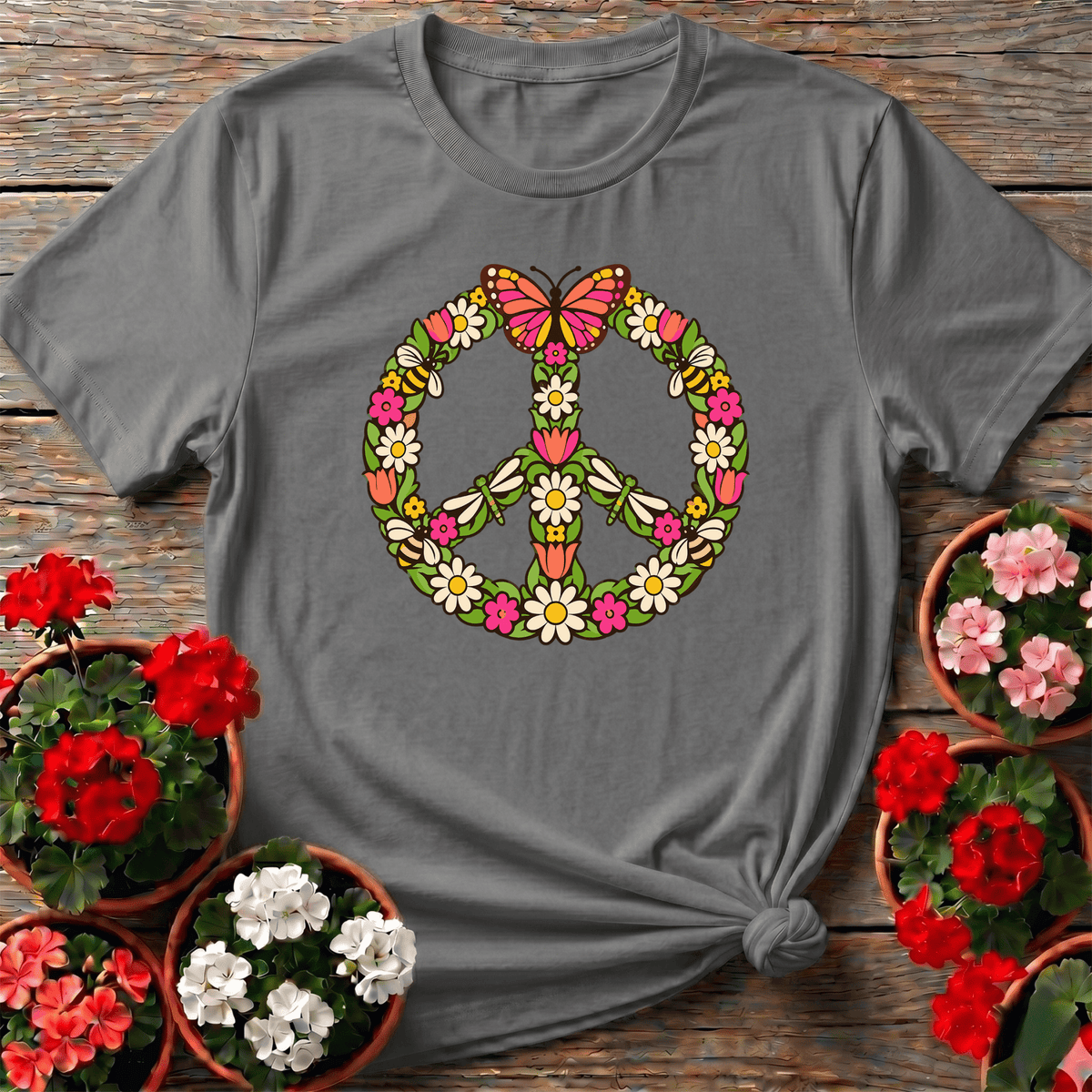 Floral Peace Sign Butterfly Bee Dragonfly Gardening Tee - GardeningTshirts