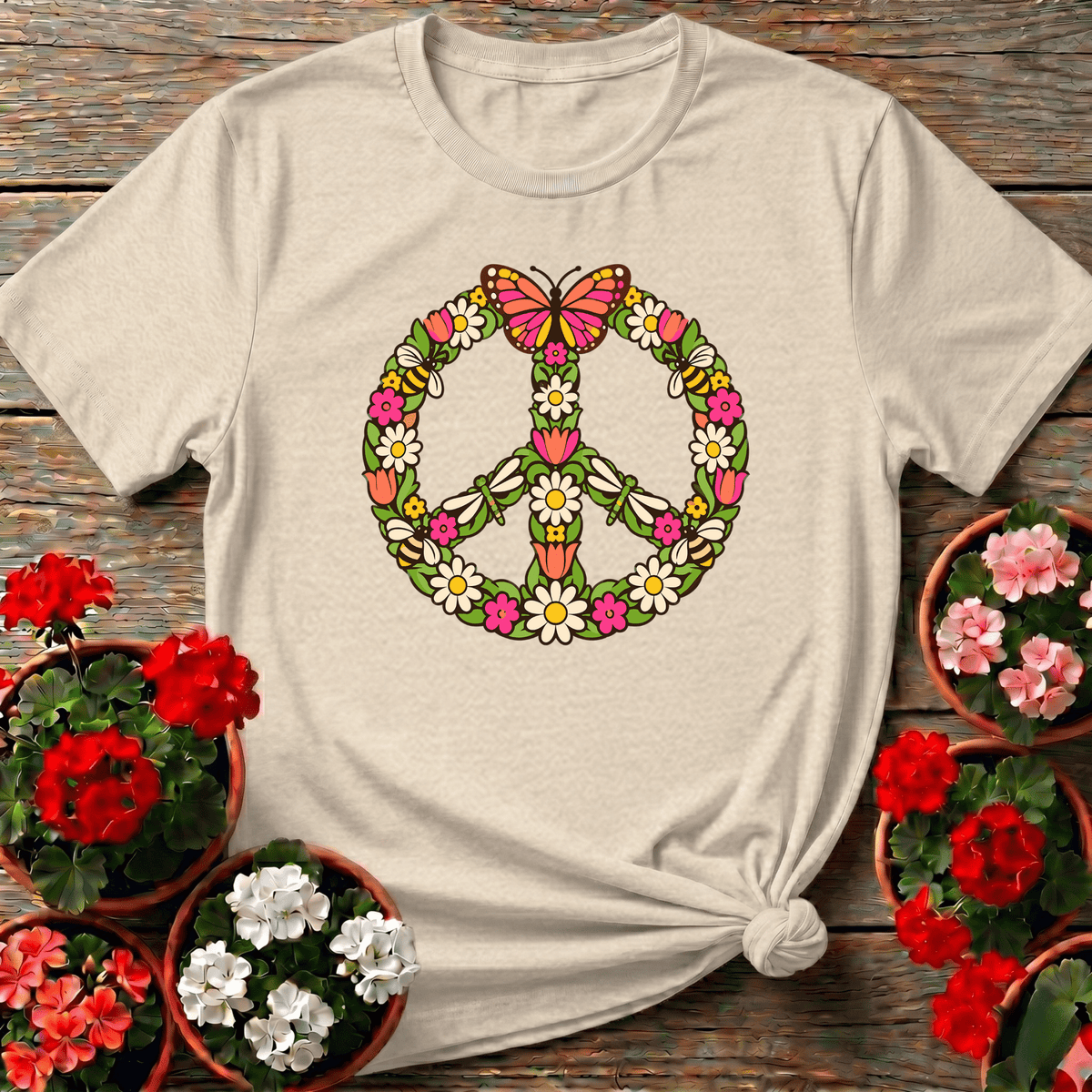 Floral Peace Sign Butterfly Bee Dragonfly Gardening Tee - GardeningTshirts