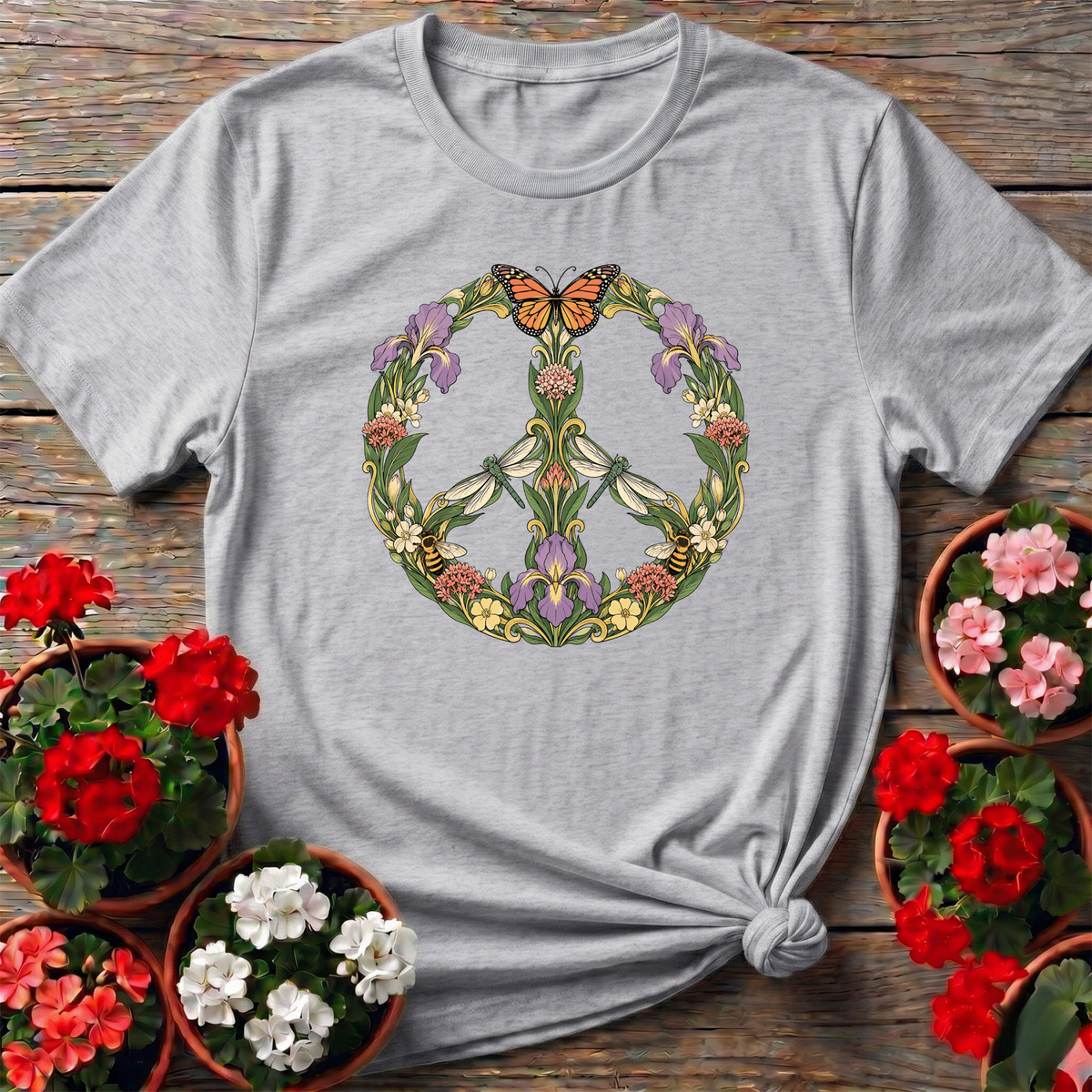Floral Peace Sign Butterfly Bee Dragonfly Gardening Tee - GardeningTshirts