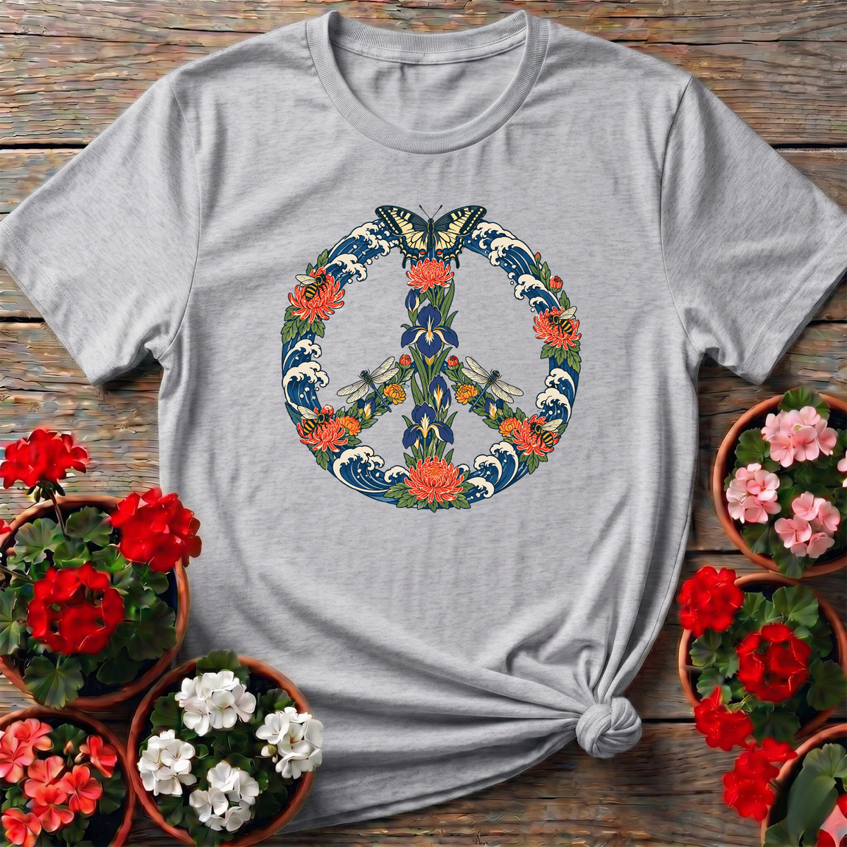 Floral Peace Sign Butterfly Bees Gardening T-Shirt - GardeningTshirts