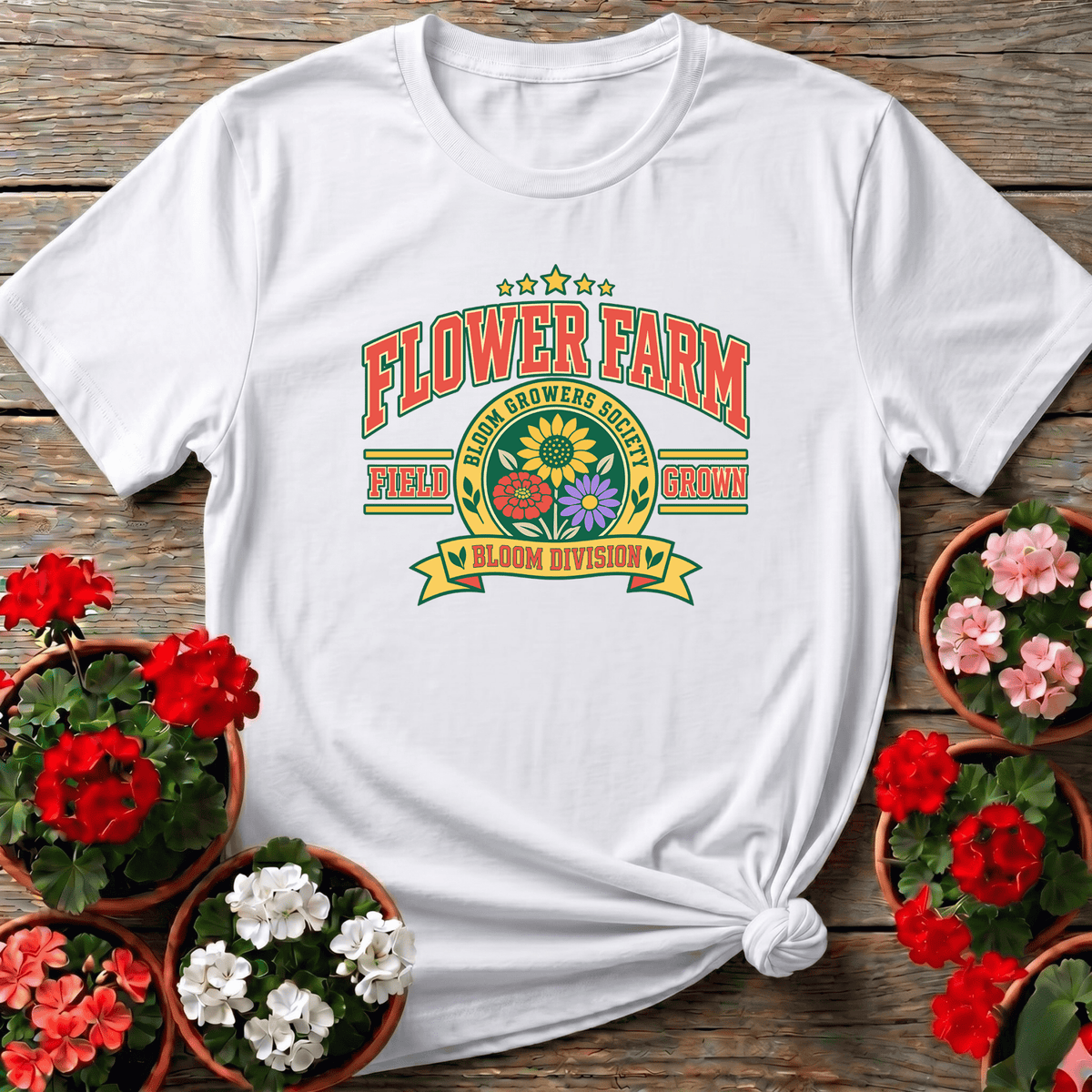 White vintage athletic floral shirt with Bloom Growers Society emblem for flower farmers