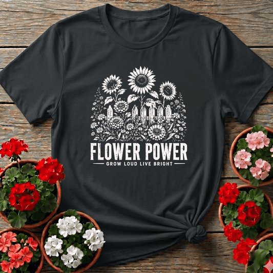 Black vintage botanical sunflower gardening tee with "Flower Power Grow Loud Live Bright" for flower gardeners