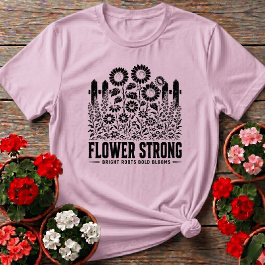 Light Pink delicate wildflower sunflower shirt with "Flower Strong" for cottage garden enthusiasts