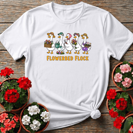 White playful illustrated goose gardening shirt with "Flowerbed Flock" for cottagecore plant lovers