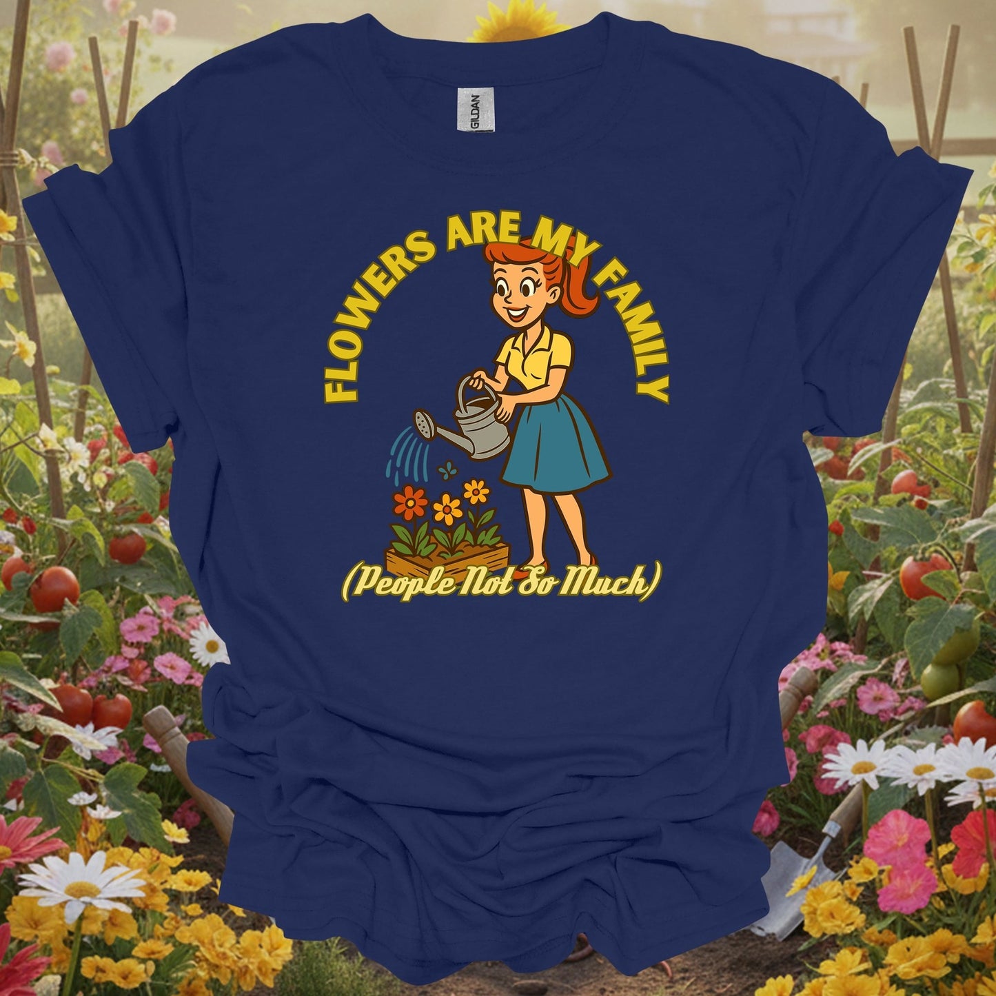 Navy shirt capturing a sense of retro-inspired storybook charm with a woman gardener for cottage garden enthusiasts