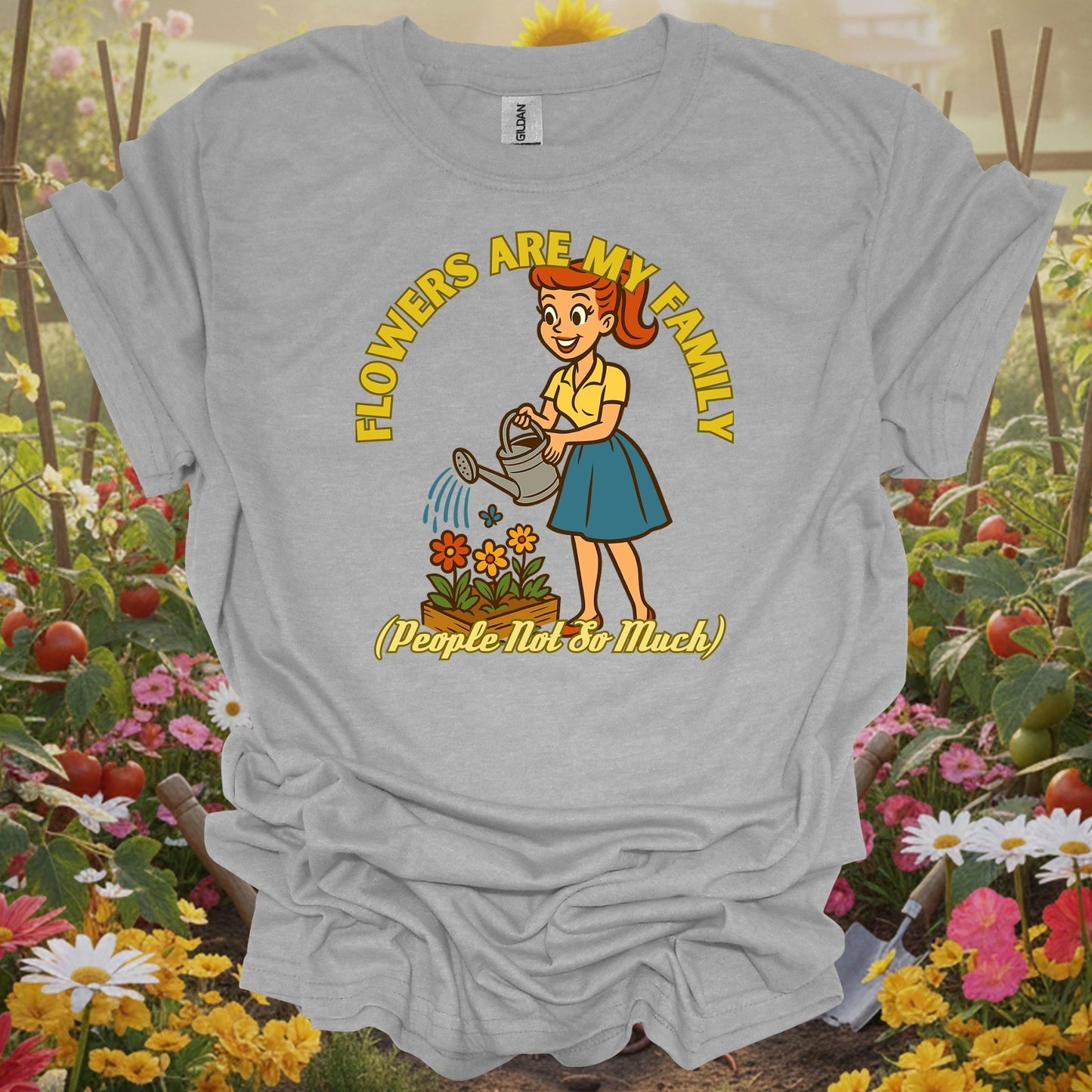 Sport Gray top showcasing a modern storybook style illustration of a gardener and her flowers for hobby farmers