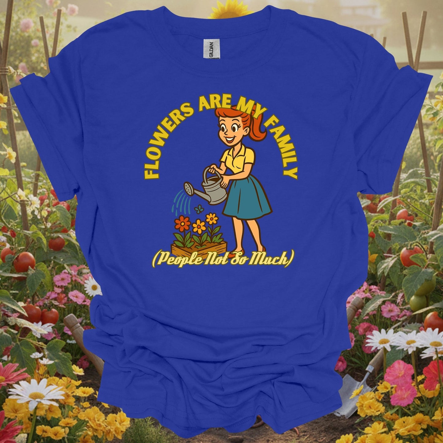Royal T-shirt with sophisticated hand-drawn art of a woman watering a planter for mindful growers