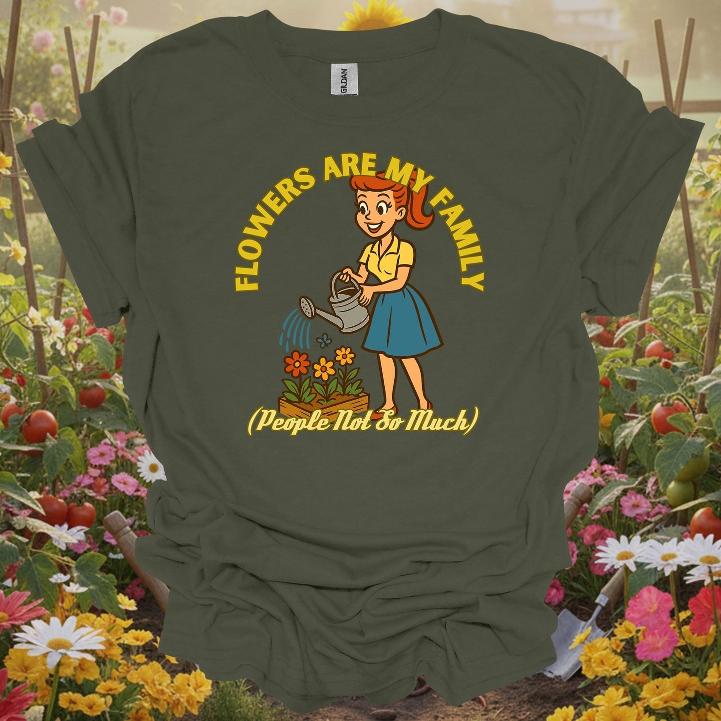 Military Green gardening tee with a balanced layout of a woman watering blossoms for cottage garden enthusiasts