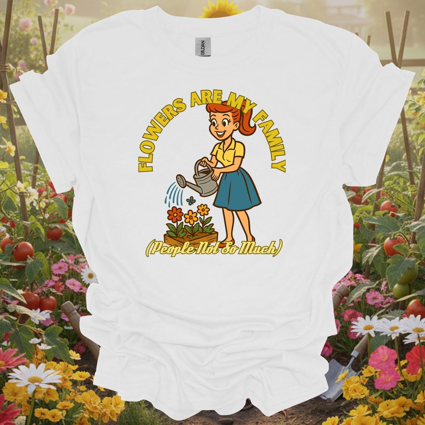 White tee with a playful narrative layout showing a woman watering her garden sanctuary for introverted gardeners