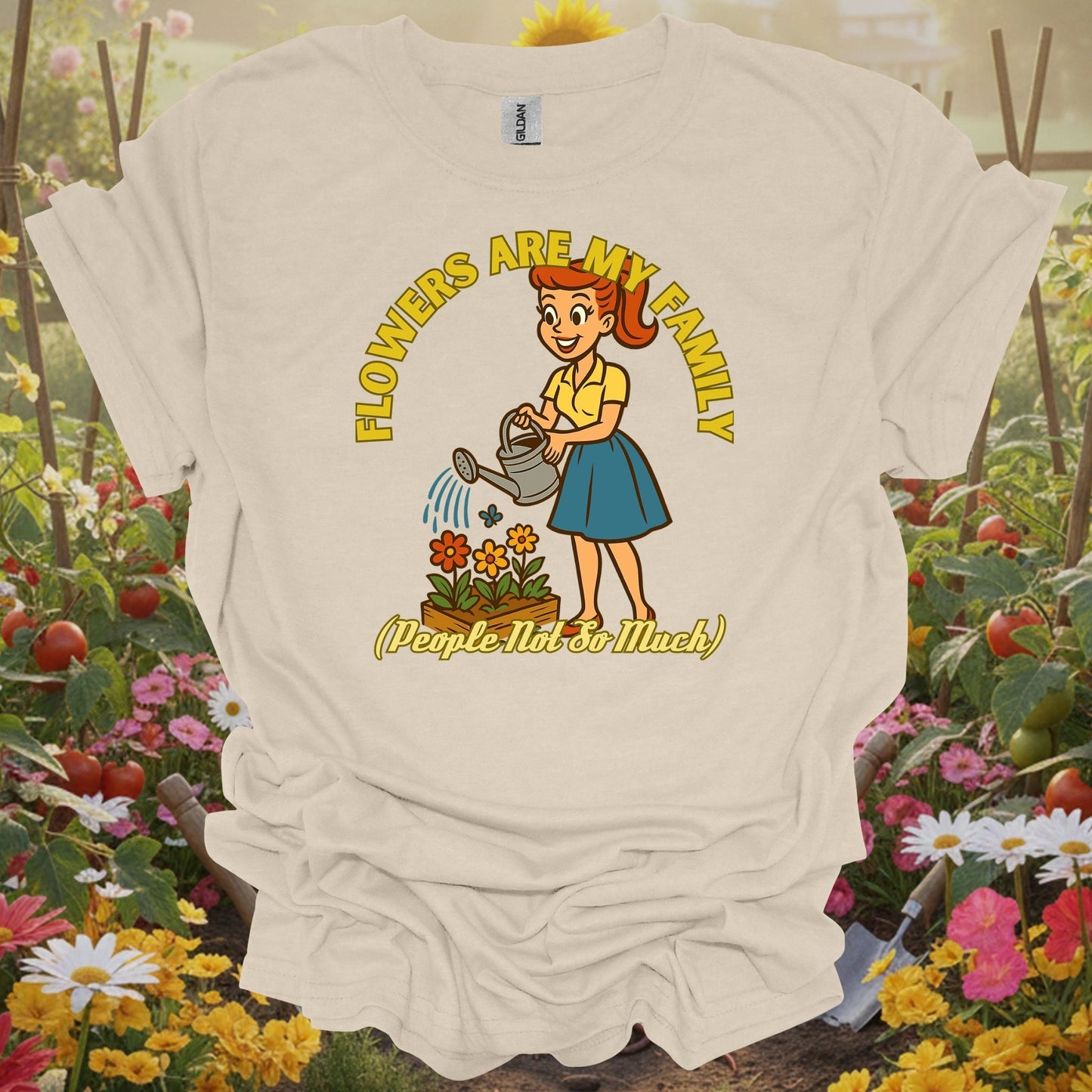 Natural top with an earthy vibe storybook art piece showing a gardener with her flower family for hobby farmers