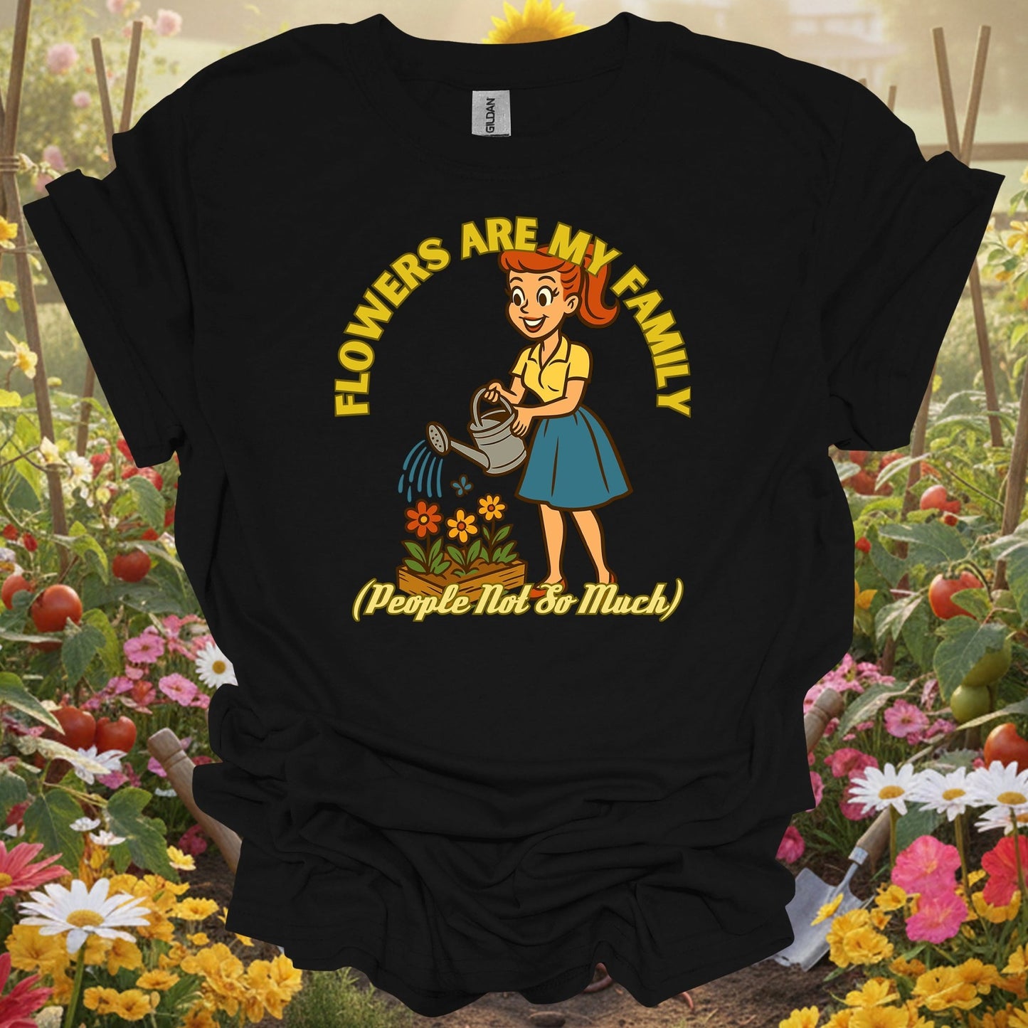 Black shirt featuring a detailed intentional cultivation theme with a retro gardener for flower enthusiasts