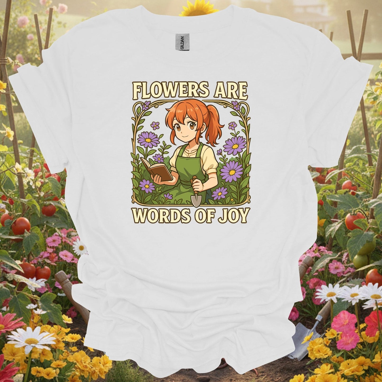 White tee showing flowers are words of joy anime peaceful for garden hobbyists