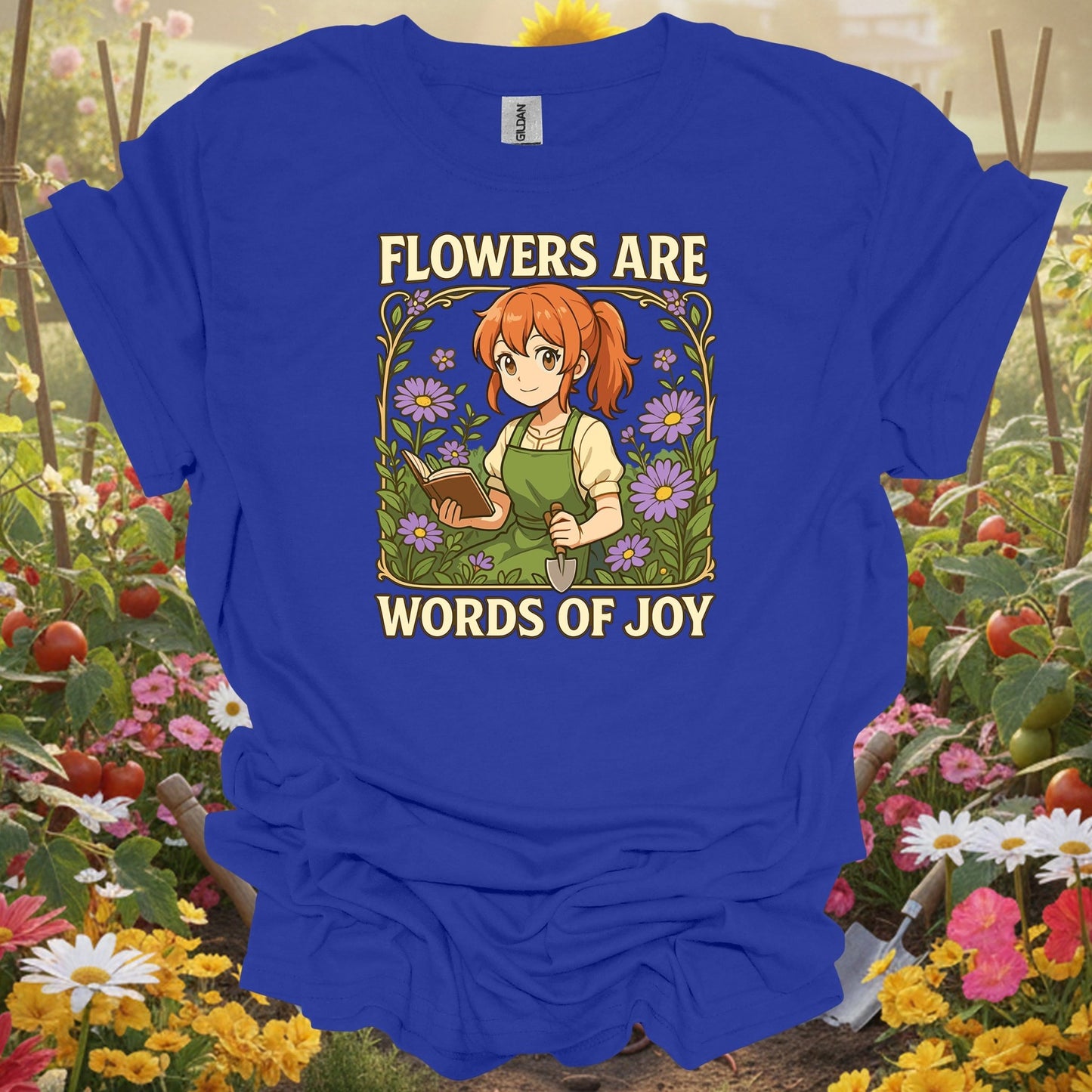 Royal tshirt showing flowers are words of joy anime peaceful for backyard growers