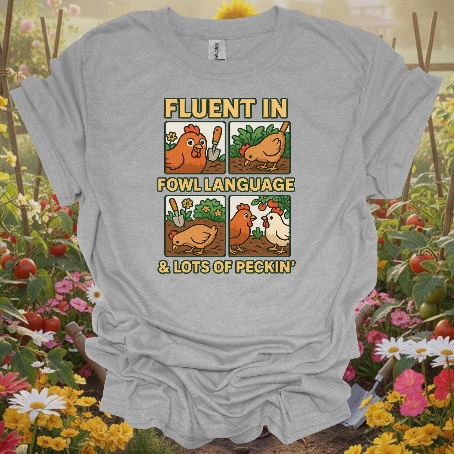 Sport Grey tee showing fluent in fowl language funny chicken for garden hobbyists