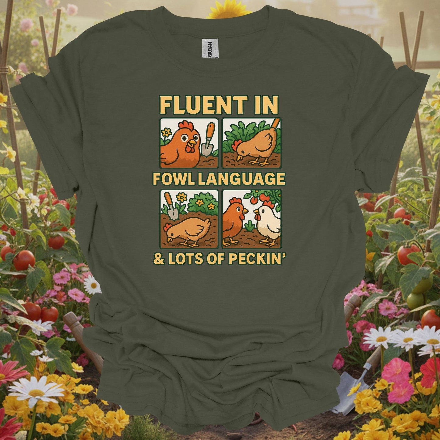 Military green top showing fluent in fowl language funny chicken for nature lovers