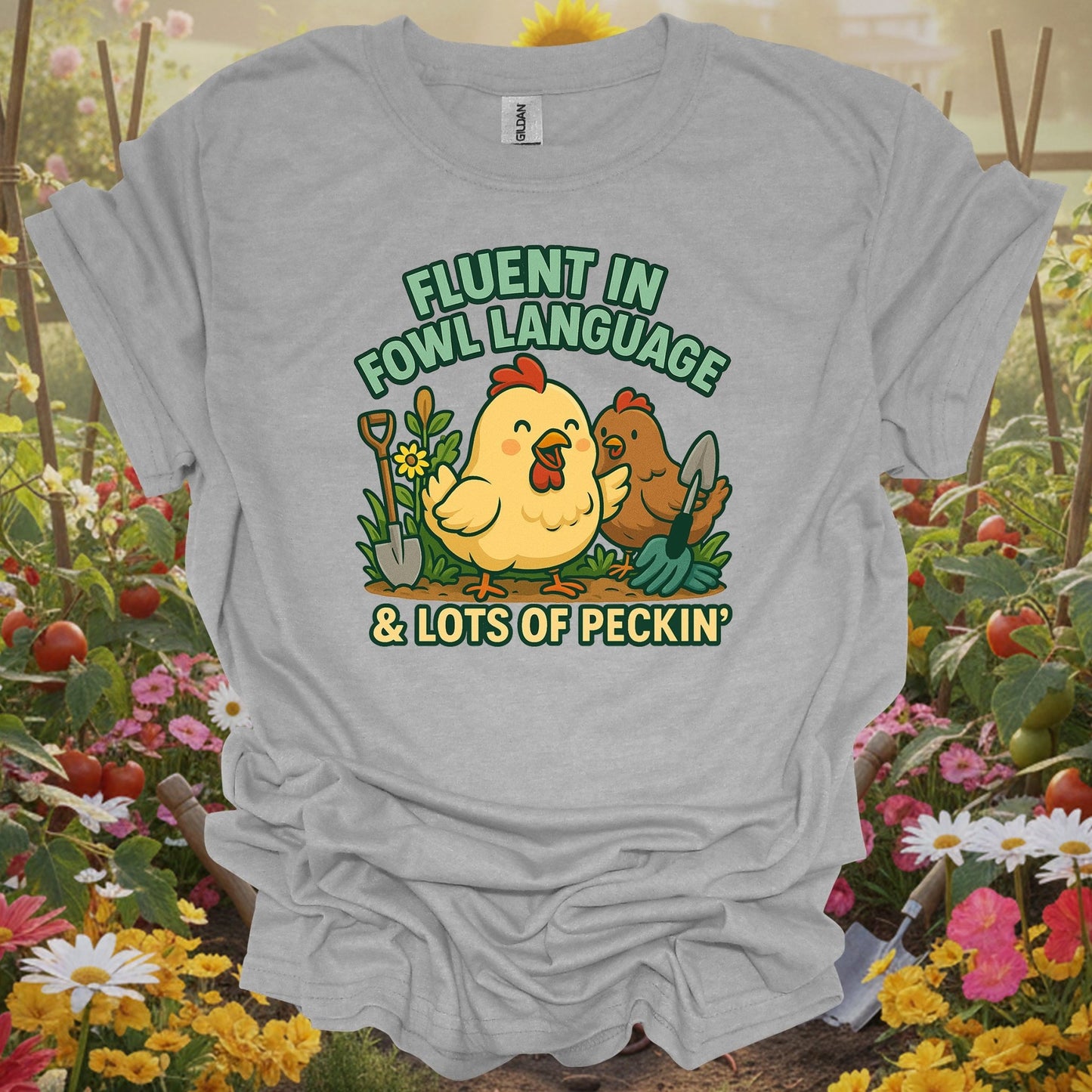 Sport Grey tee showing fluent in fowl language funny chicken for garden hobbyists