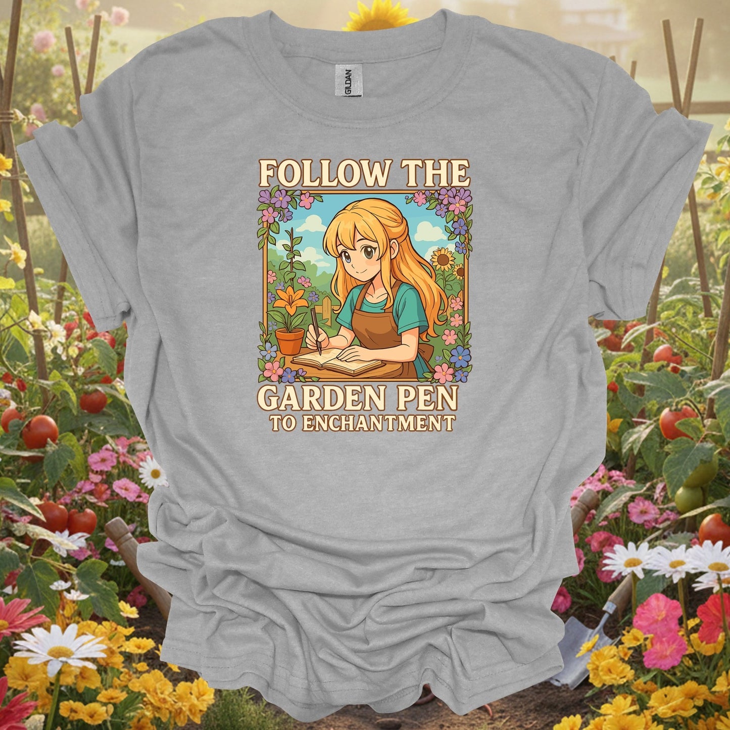 Sport Grey tshirt showing follow the garden pen to enchantment anime for backyard growers