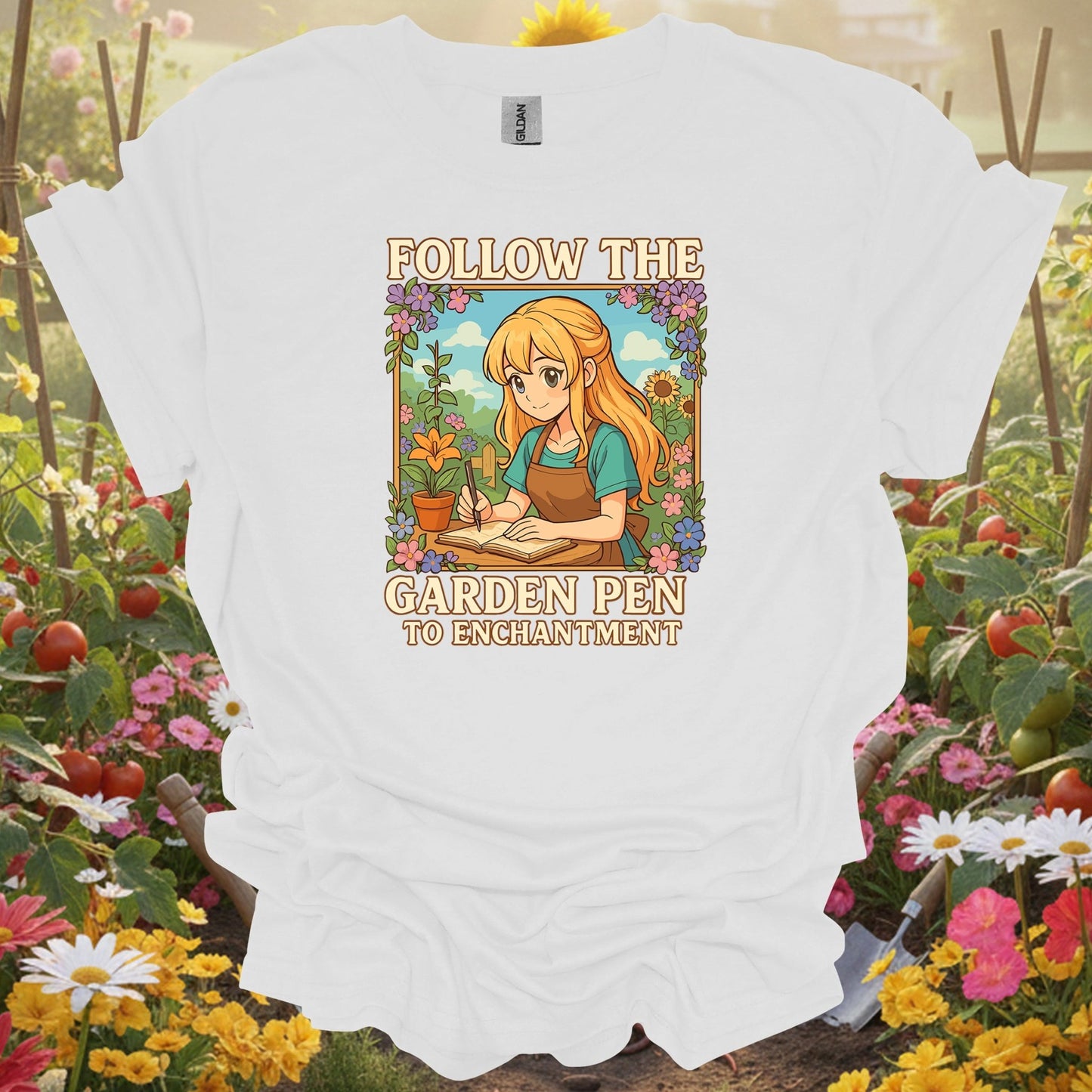 White tee showing follow the garden pen to enchantment anime for garden hobbyists