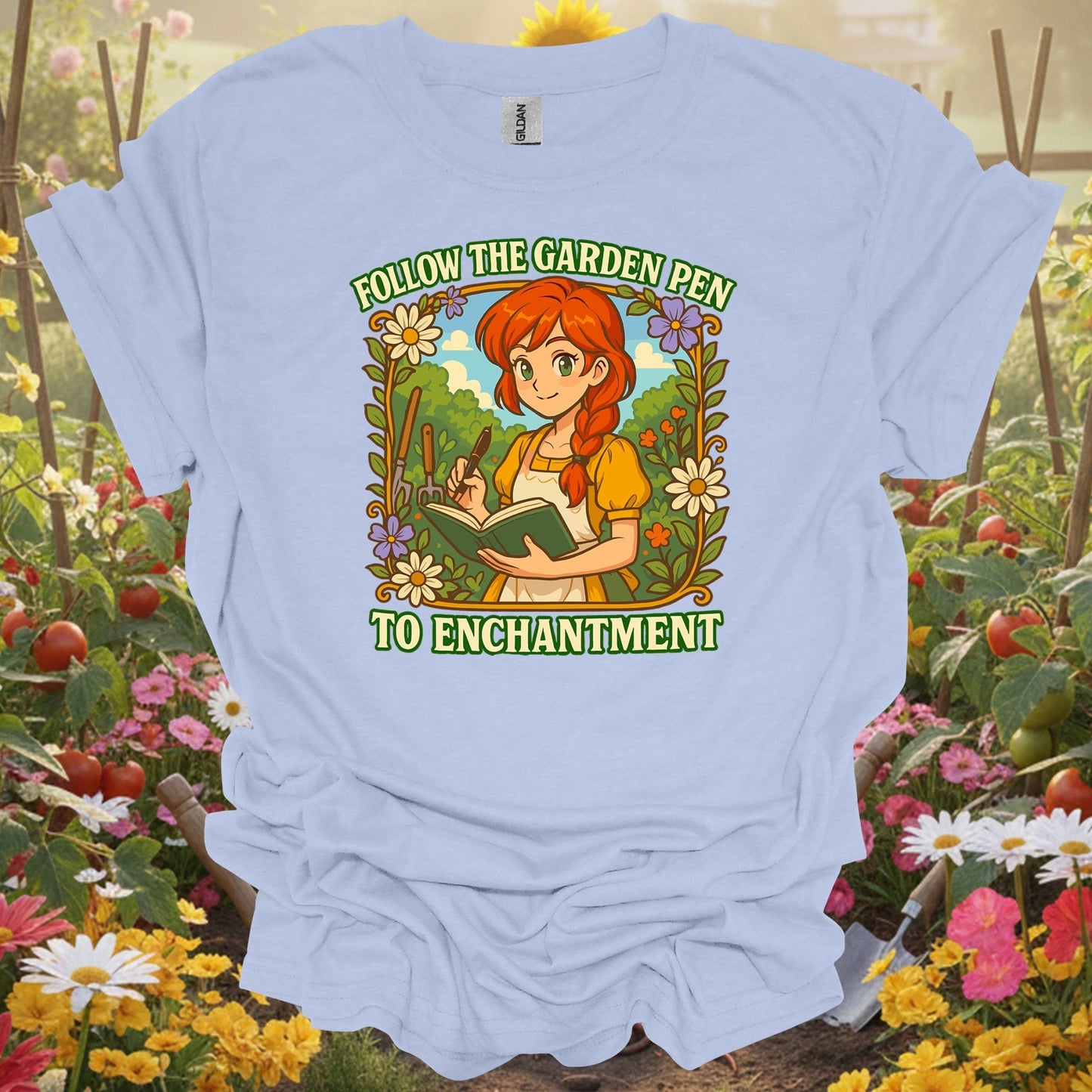 Light Blue shirt showing follow the garden pen to enchantment anime for home gardeners