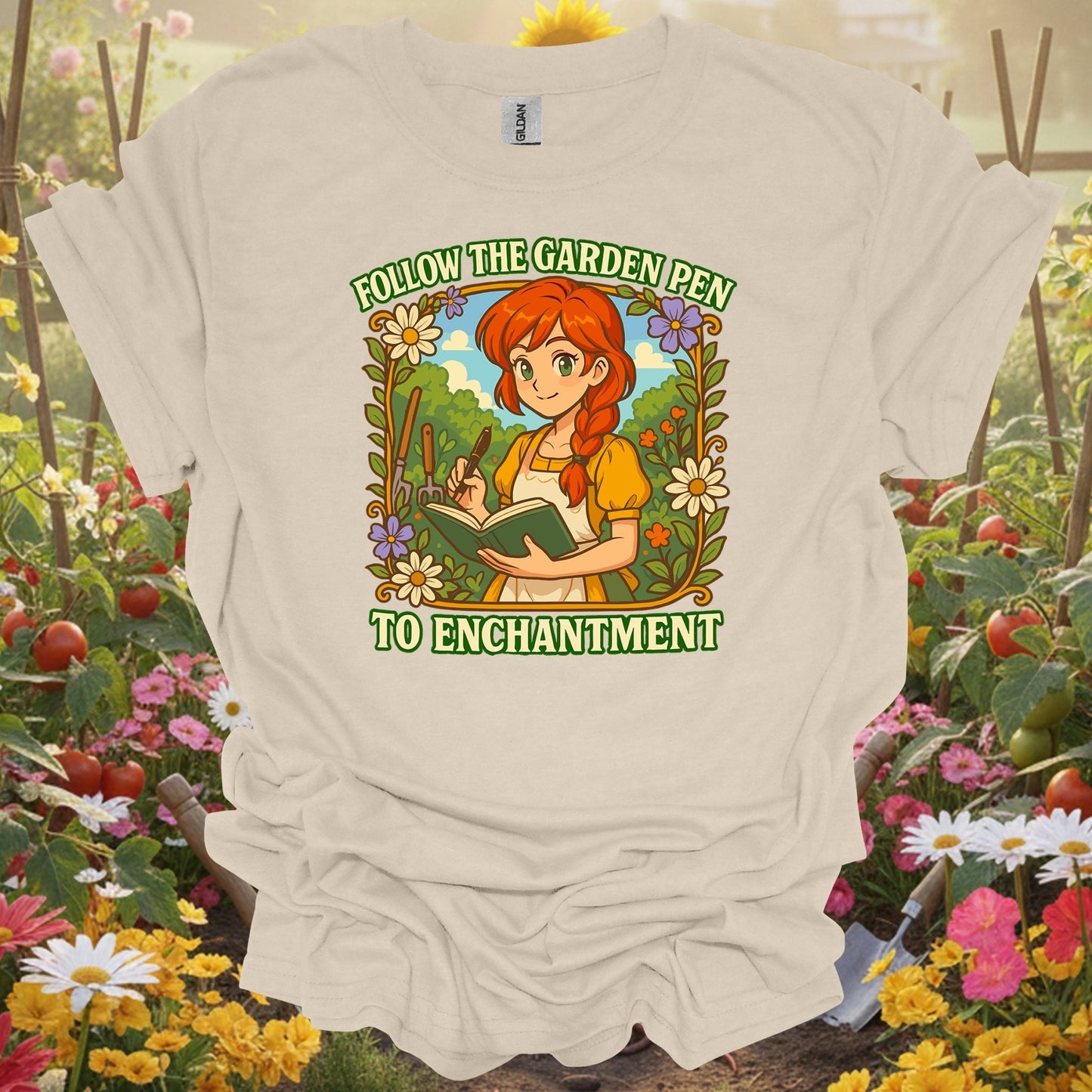 Natural tshirt showing follow the garden pen to enchantment anime for people who love plants