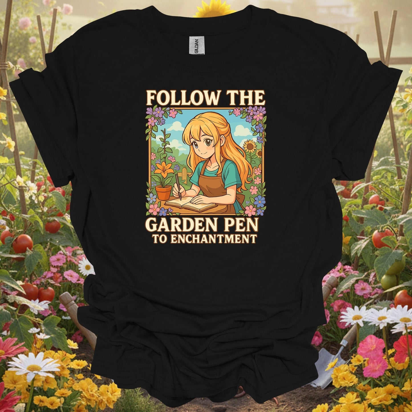 Black shirt showing follow the garden pen to enchantment anime for outdoor enthusiasts