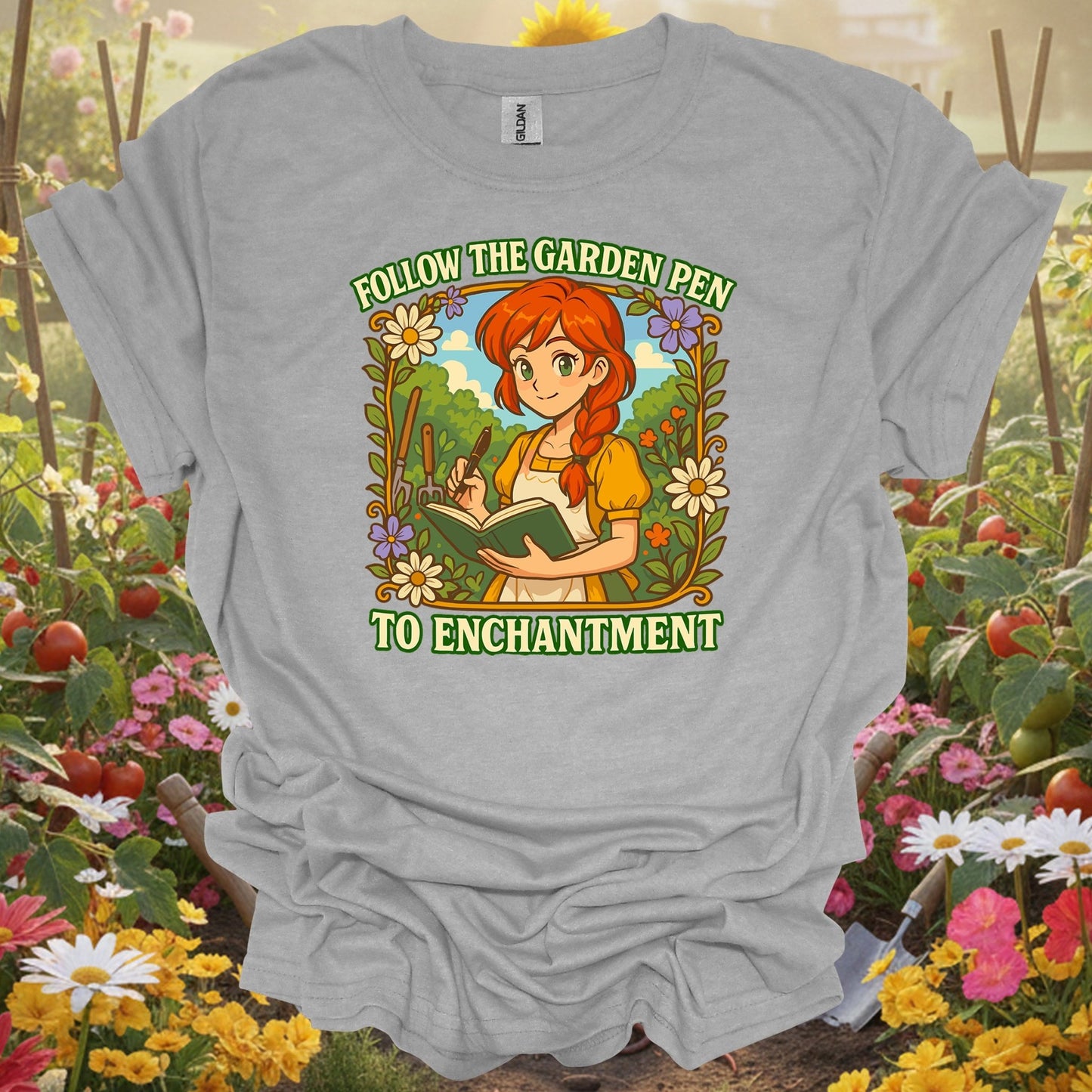 Sport Grey tee showing follow the garden pen to enchantment anime for garden hobbyists