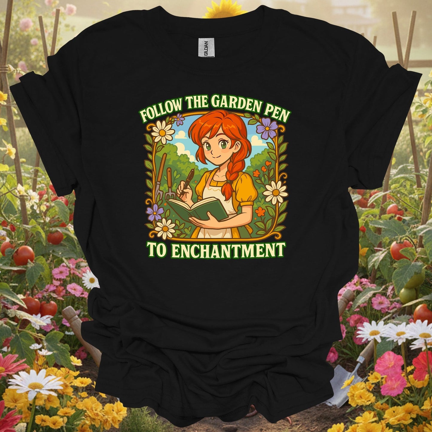 Black top showing follow the garden pen to enchantment anime for nature lovers