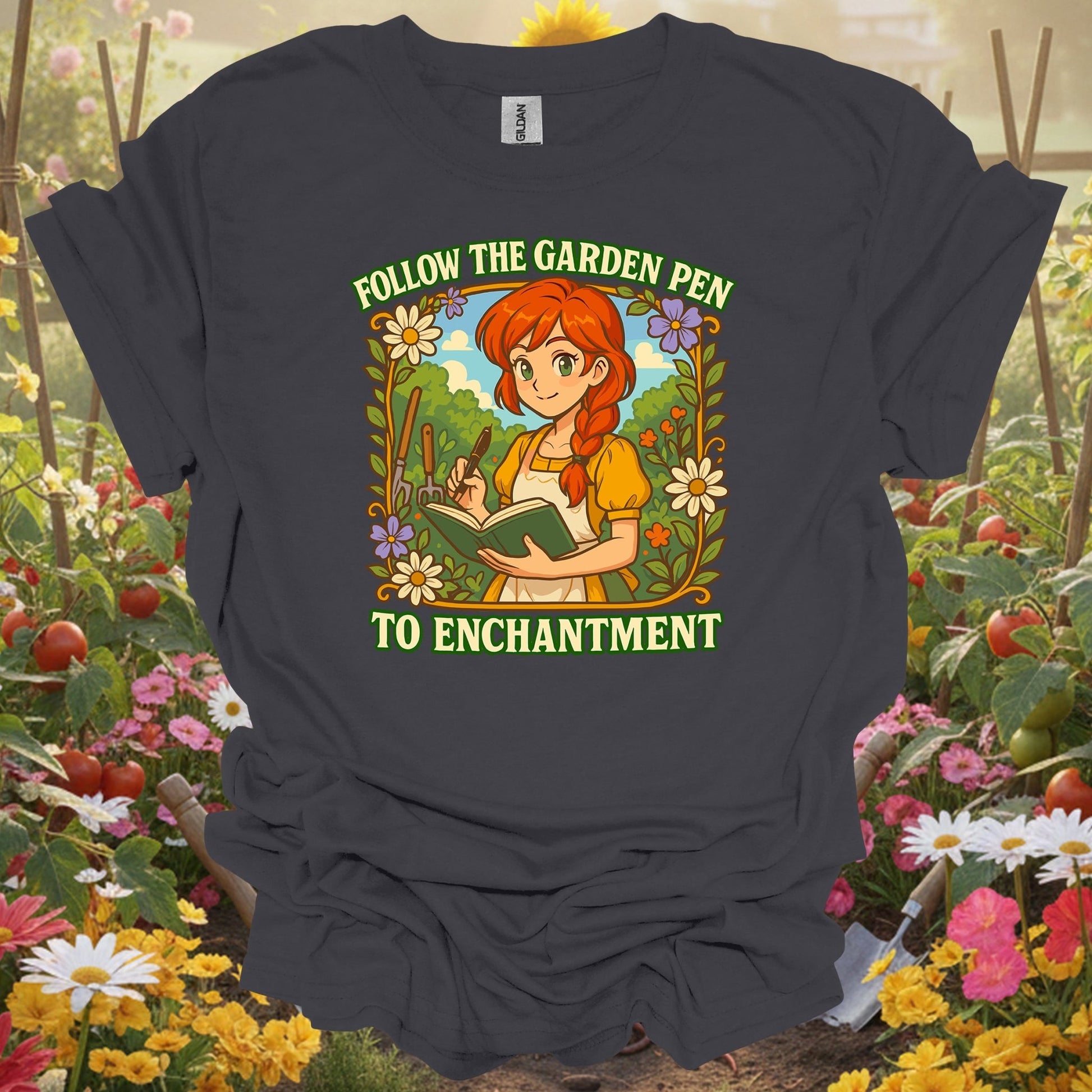 Charcoal tee showing follow the garden pen to enchantment anime for plant lovers