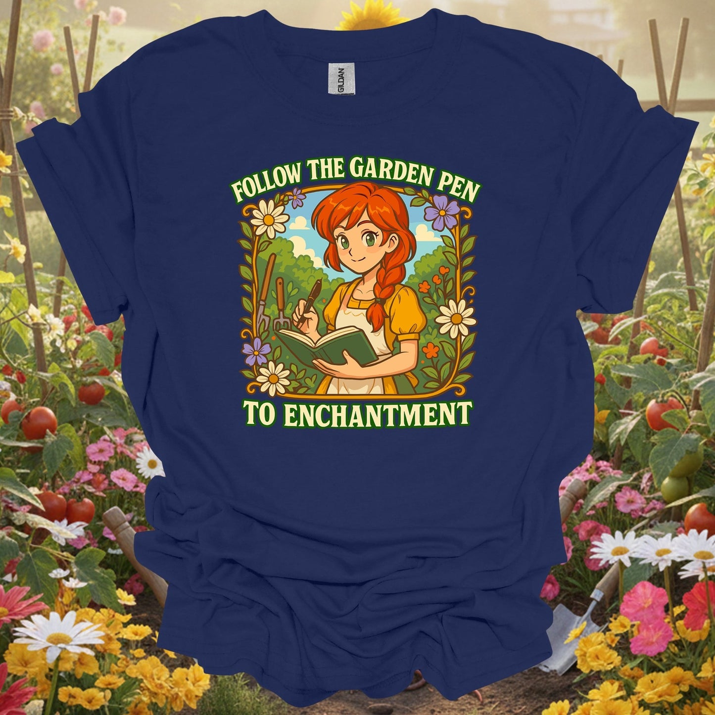 Navy top showing follow the garden pen to enchantment anime for green thumb folks