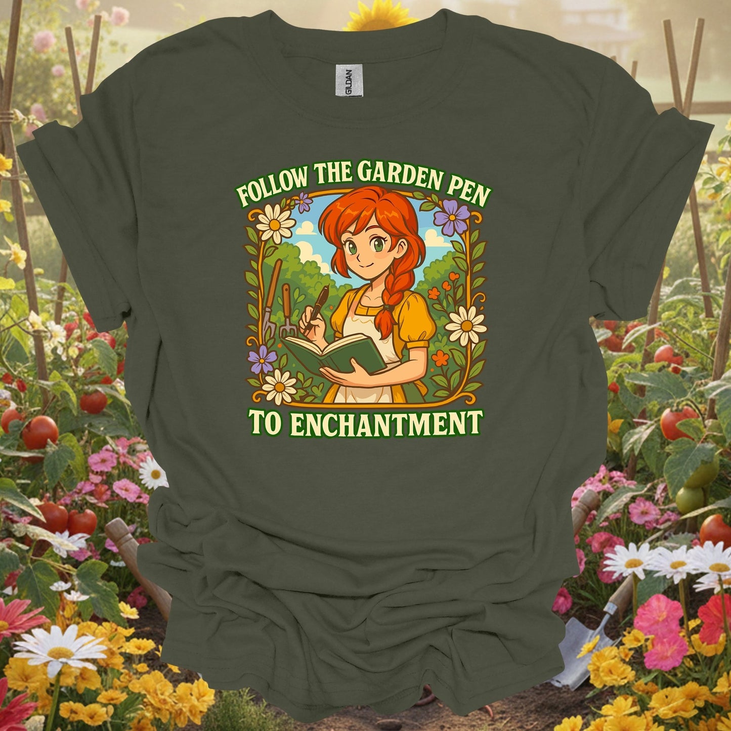 Military Green tshirt showing follow the garden pen to enchantment anime for gardening enthusiasts
