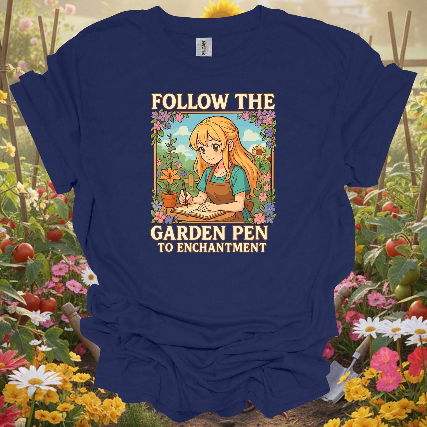 Navy shirt showing follow the garden pen to enchantment anime for home gardeners