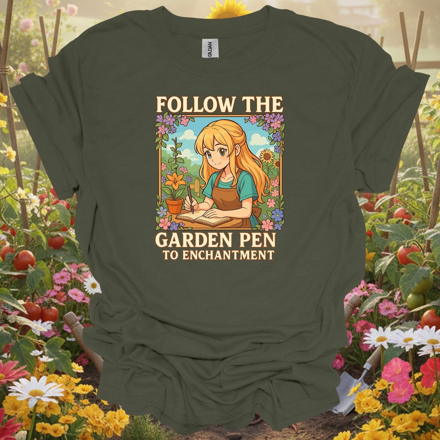 Military Green top showing follow the garden pen to enchantment anime for nature lovers